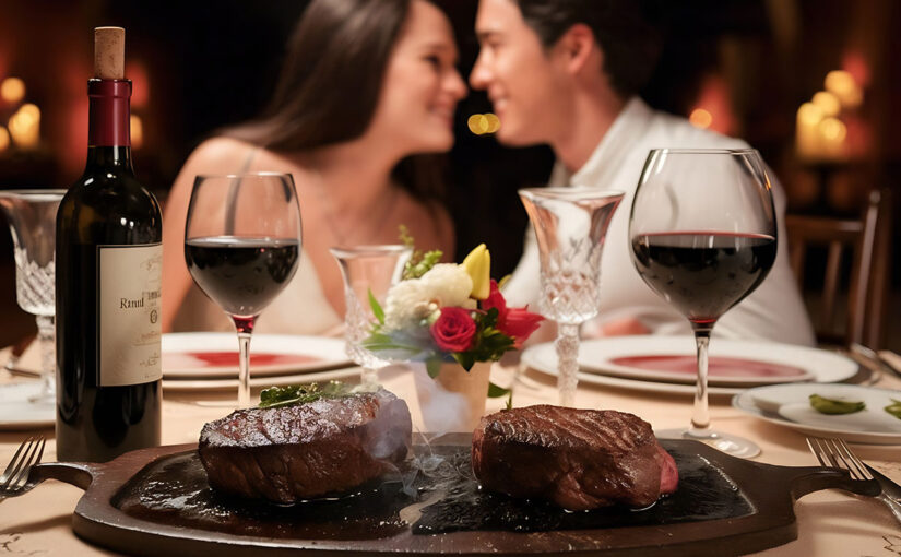 Cena romántica con filete de res en salsa de vino tinto