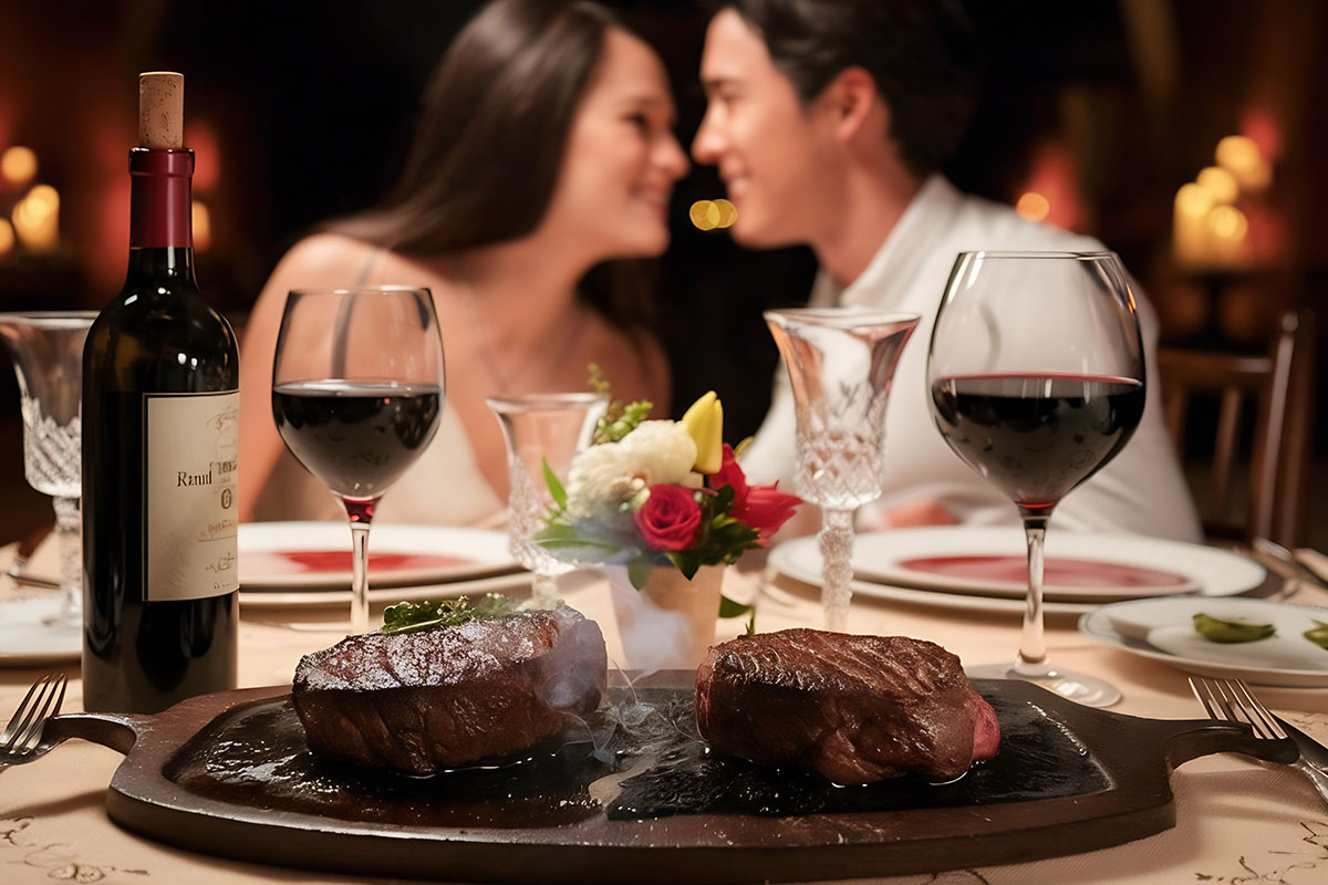 Cena romántica con filete de res en salsa de vino tinto